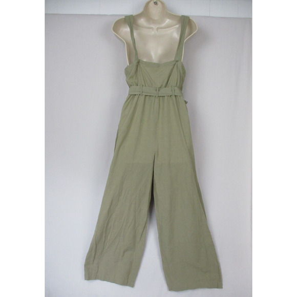 Japna Jumpsuit Women Medium Tan Linen Blend Wide Leg Crop Strappy Pockets Retro - Picture 2 of 12
